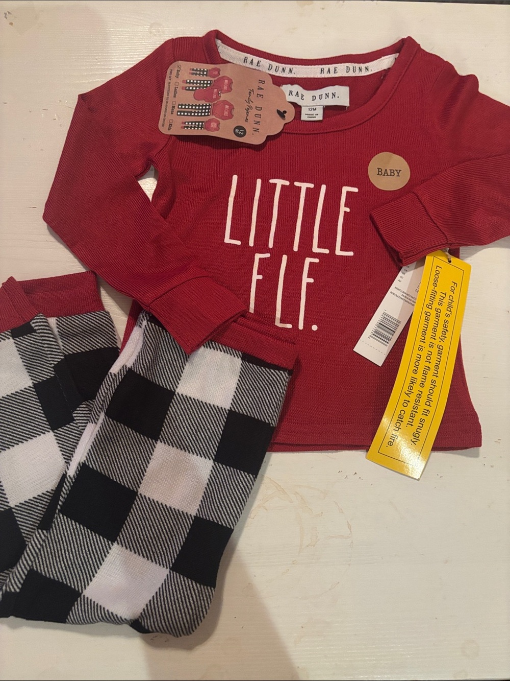 NWT Rae Dunn Red Top with Black & White Buffalo Plaid Kids Pajama Set